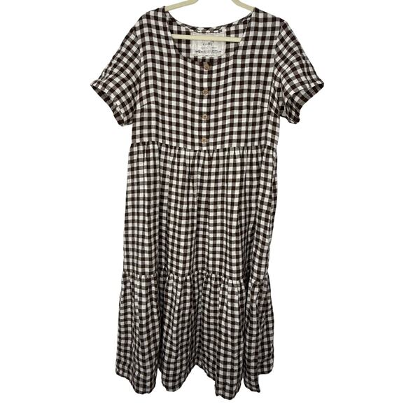 Not Perfect Linen Brown Gingham V-Neck Button Front Linen Midi Dress L - Picture 3 of 10